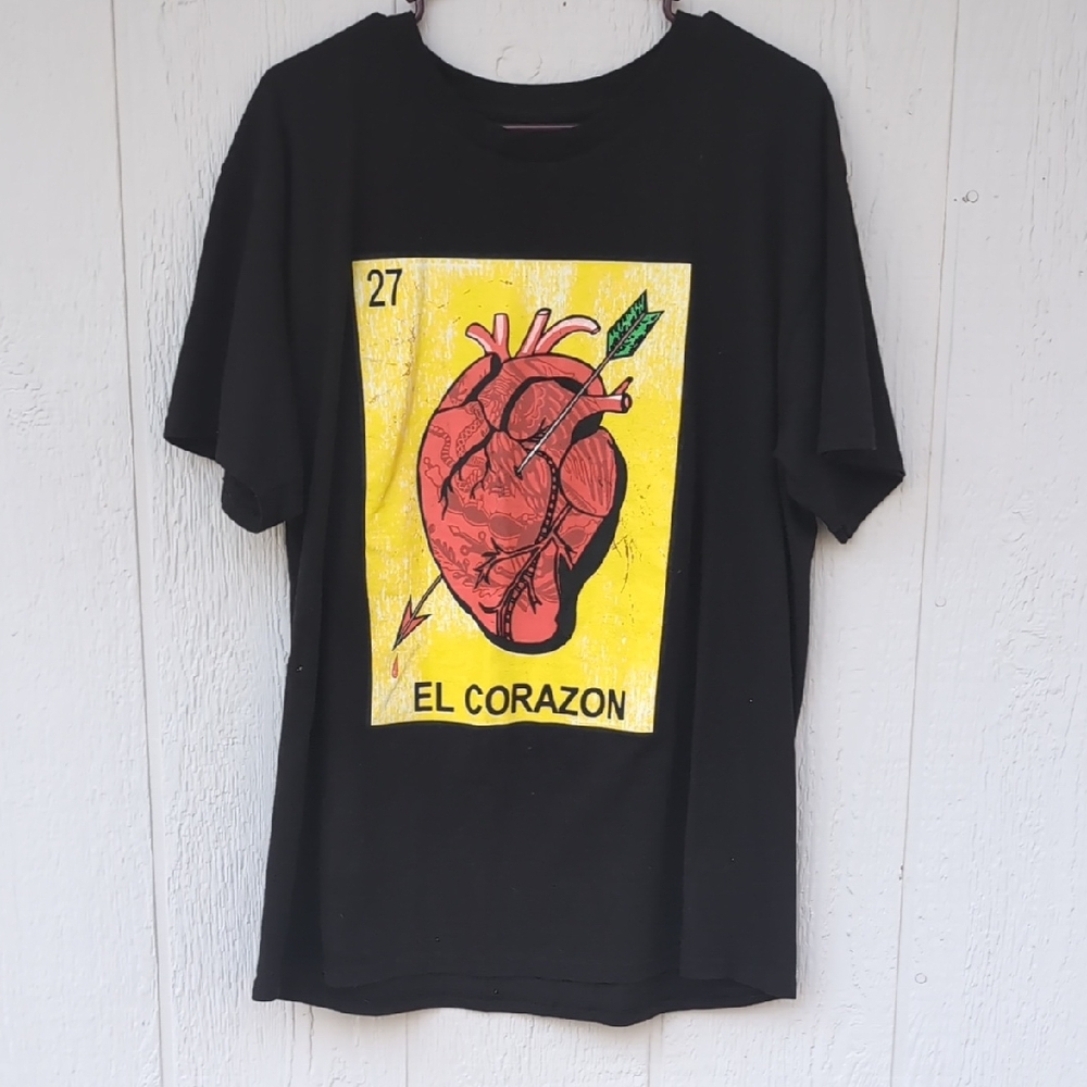 Source Unknown Black Tee with Red and Yellow Graphic